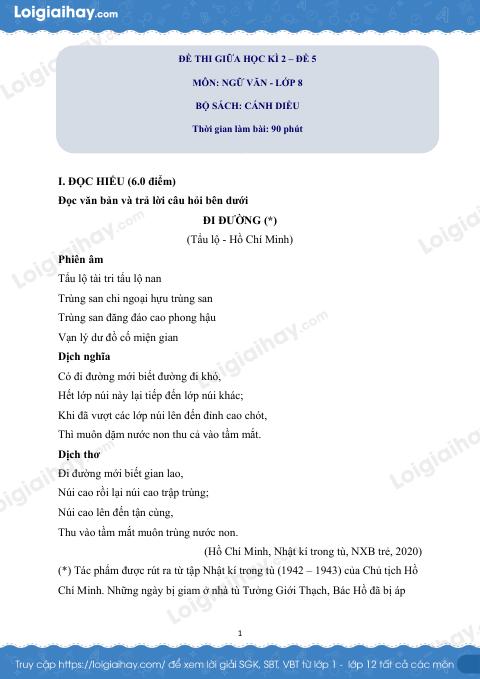Đề thi giữa kì 2 Văn 8 Chân trời sáng tạo - Đề số 5